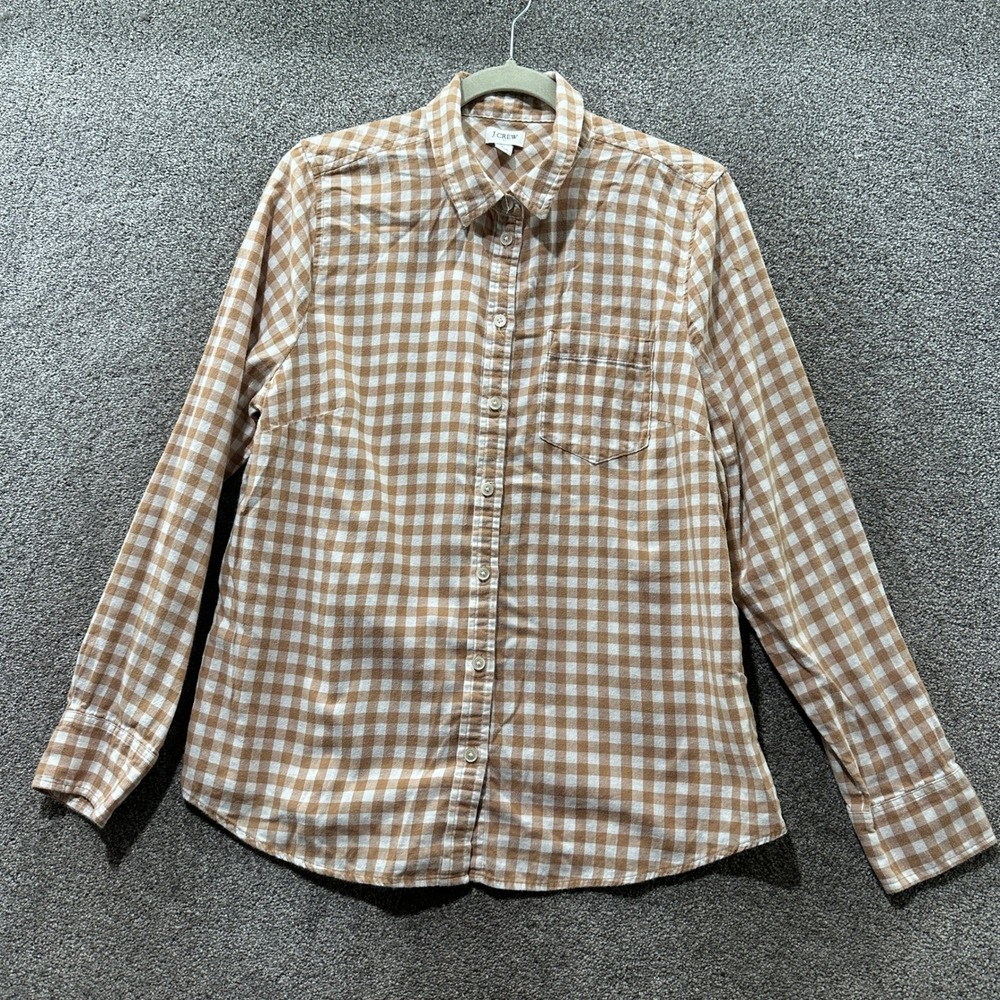 J Crew Button Up Flannel Shirt Top Women Large Gingham Long Sleeve Neutral